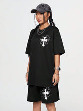 Women's Cross Printed Round Neck T-Shirt And Shorts Set